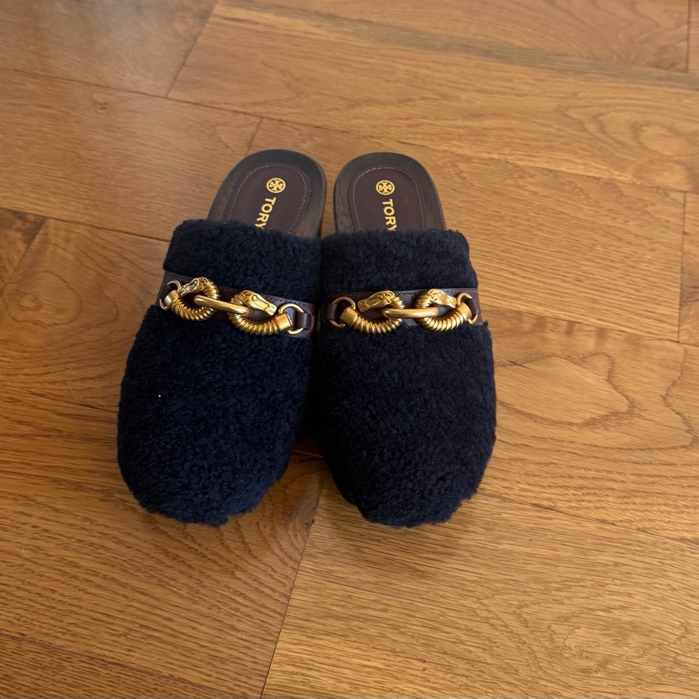 Tory Burch Black Mules with Gold Chain